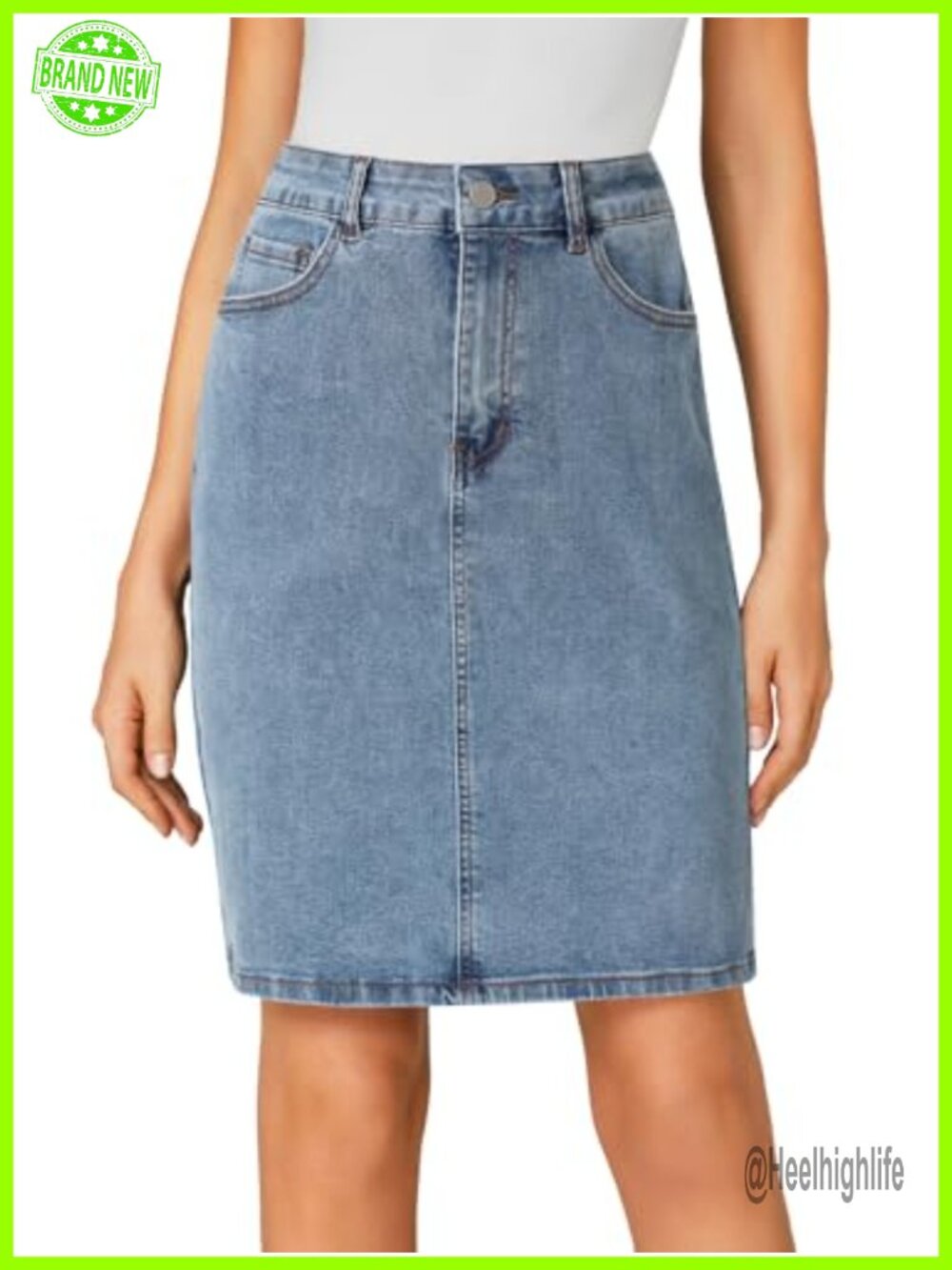 Stretch High Waist Bodycon Midi Denim Skirt with Pockets